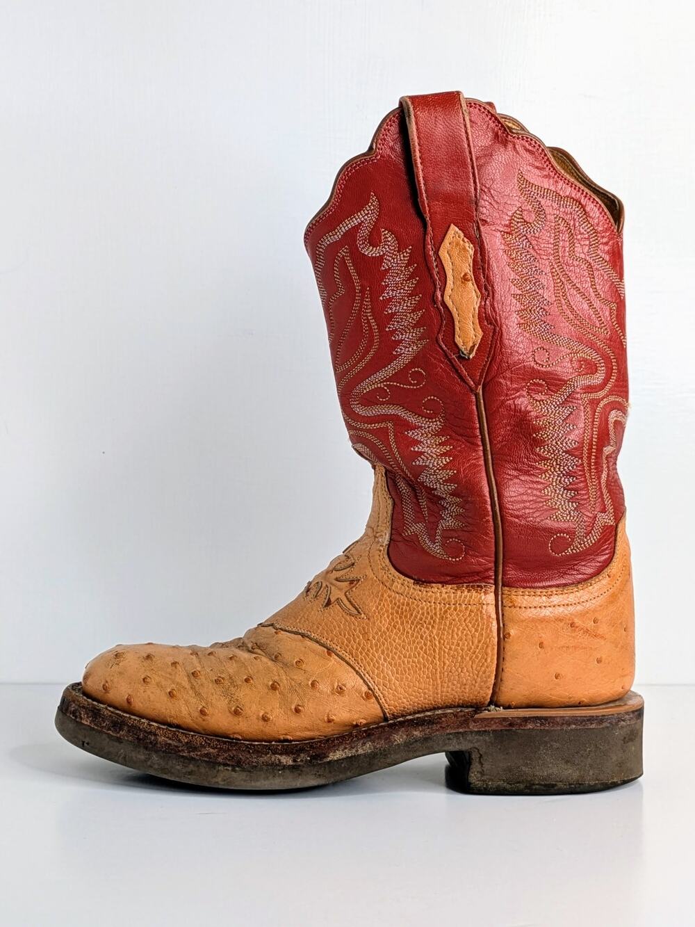Lucchese 2000 Ostrich Boots 7 Tan Cognac Two Tone Mid Calf Western Goatskin